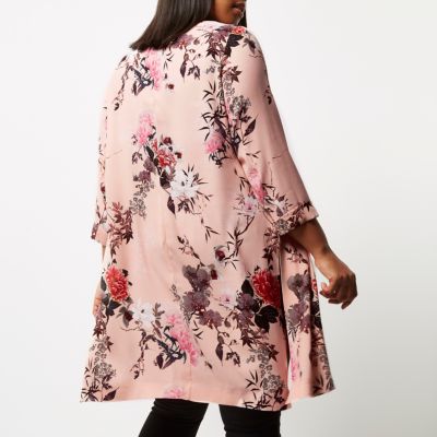 Plus pink floral print duster coat